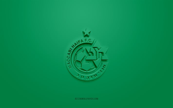 Maccabi Haifa FC, luova 3D-logo, vihre&#228; tausta, 3d-tunnus, Israelin jalkapalloseura, Israelin Premier League, Haifa, Israel, 3d-taide, jalkapallo, Maccabi Haifa FC 3d-logo
