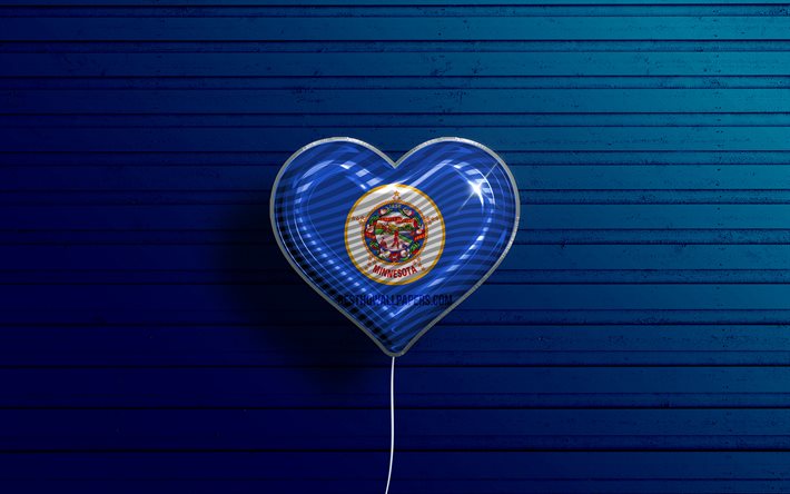 I Love Minnesota, 4k, realistic balloons, blue wooden background, United States of America, Minnesota flag heart, flag of Minnesota, balloon with flag, American states, Love Minnesota, USA