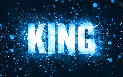 Buon compleanno re, 4k, luci al neon blu, nome del re, creativo, buon compleanno del re, compleanno del re, nomi maschili americani popolari, foto con nome del re, re