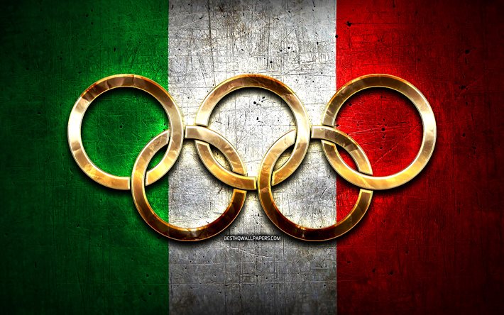 italienische olympiamannschaft, goldene olympische ringe, italien bei den olympischen spielen, kreativ, italienische flagge, metallhintergrund, flagge von italien