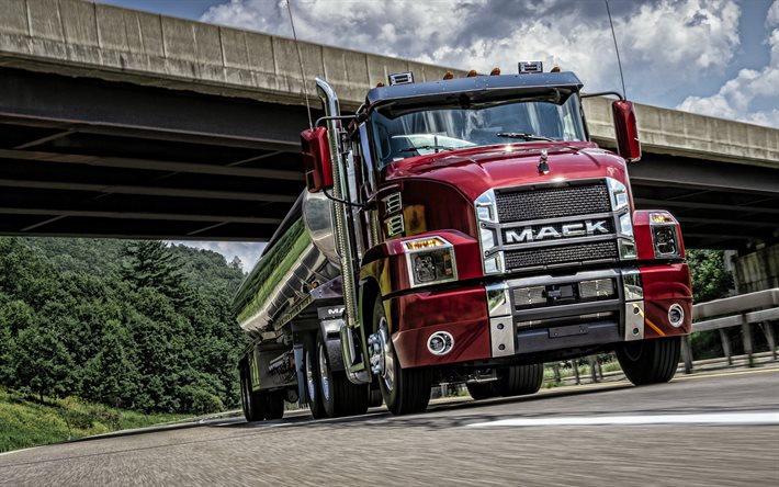 Mack Anthem, 2021, front view, exterior, new burgundy Anthem, fuel transportation, American trucks, Mack
