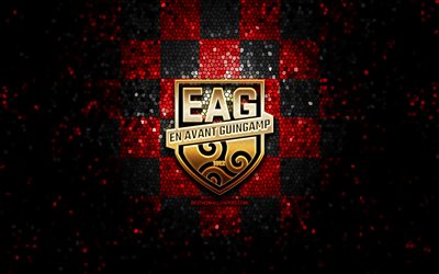 EA Guingamp, logo glitter, Ligue 2, sfondo a scacchi nero rosso, calcio, squadra di calcio francese, logo Guingamp, arte del mosaico, Guingamp FC