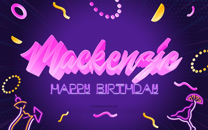 Happy Birthday Mackenzie, 4k, Purple Party Background, Mackenzie, arte criativa, Happy Mackenzie birthday, Mackenzie name, Mackenzie Birthday, Birthday Party Background
