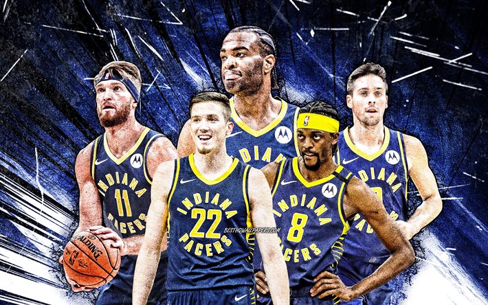 4k, Justin Holiday, TJ Leaf, Domantas Sabonis, TJ Warren, TJ McConnell, grunge art, Indiana Pacers, basketball, NBA, Indiana Pacers team, blue abstract rays, basketball stars