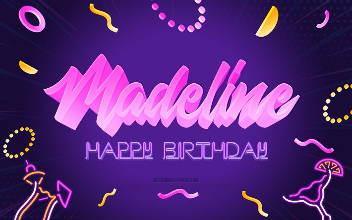 Grattis p&#229; f&#246;delsedagen Madeline, 4k, Purple Party Background, Madeline, kreativ konst, Happy Madeline f&#246;delsedag, Madeline name, Madeline Birthday, Birthday Party Background