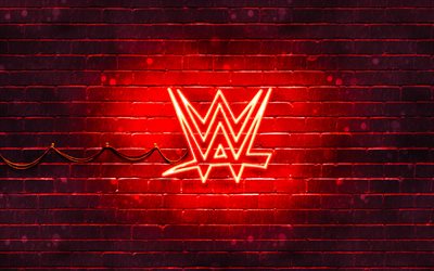 شعار WWE الأحمر, 4k, الأحمر brickwall, المصارعة العالمية للترفيه, شعار WWE, العلامات التجارية, شعار النيون WWE, WWE