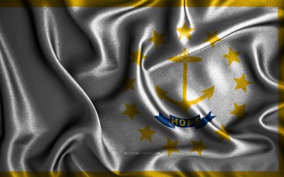 Rhode Islandin lippu, 4k, silkki aaltoilevat liput, Yhdysvaltain osavaltiot, Usa, kangasliput, 3D-taide, Rhode Island, Yhdysvallat, Rhode Islandin 3D-lippu, YHDYSVALLAT
