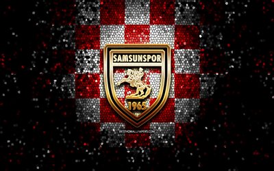 Samsunspor FC, glitter logotyp, 1 Lig, r&#246;d vit rutig bakgrund, fotboll, turkisk fotbollsklubb, Samsunspor logotyp, mosaik konst, TFF First League, Samsunspor