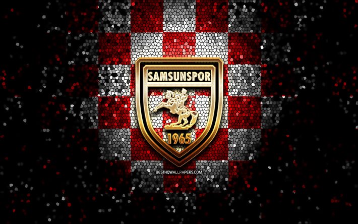 Samsunspor FC, glitter logo, 1 Lig, red white checkered background, soccer, turkish football club, Samsunspor logo, mosaic art, TFF First League, football, Samsunspor