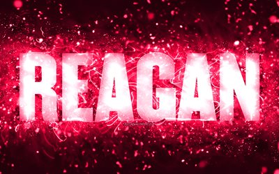 Feliz Aniversário Reagan, 4k, luzes de neon rosa, nome Reagan, criativo, Reagan Feliz Aniversário, Reagan Aniversário, nomes populares de mulheres americanas, foto com nome Reagan, Reagan
