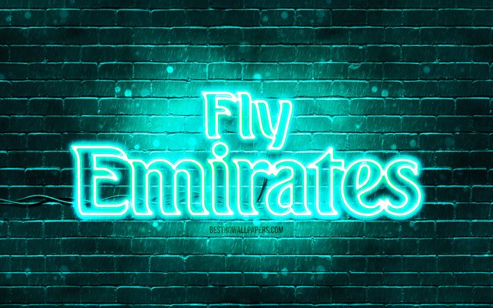 Emirates Airlines turkoosi logo, 4k, turkoosi tiilisein&#228;, Emirates Airlines logo, lentoyhti&#246;, Emirates Airlines neon logo, Emirates Airlines, Fly Emirates