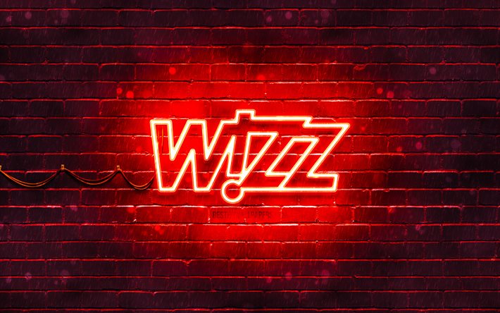 wizz air rotes logo, 4k, rote ziegelwand, wizz air logo, fluggesellschaft, wizz air neon-logo, wizz air