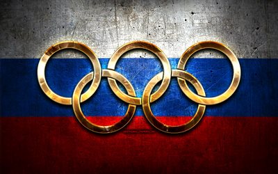 Squadra olimpica russa, anelli olimpici d&#39;oro, Russia alle Olimpiadi, creativa, bandiera russa, sfondo metallico, Russia Squadra Olimpica, bandiera della Russia