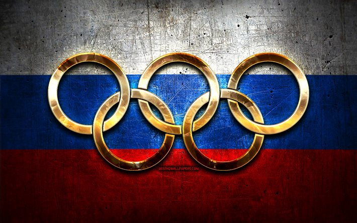 Russian olympic team, golden olympic rings, Russia at the Olympics, creative, Russian flag, metal background, Russia Olympic Team, flag of Russia