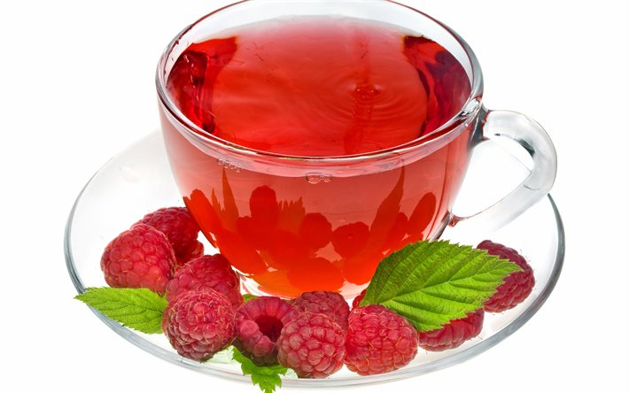 tea with raspberries, cup of tea, raspberries, berries tea, tea on white background, tea