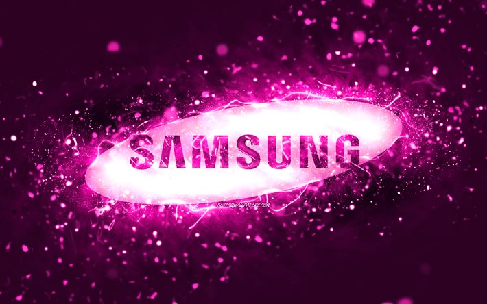 Samsung purple logo, 4k, purple neon lights, creative, purple abstract background, Samsung logo, brands, Samsung