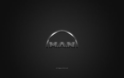 MAN logo, silver logo, gray carbon fiber background, MAN metal emblem, MAN, cars brands, creative art