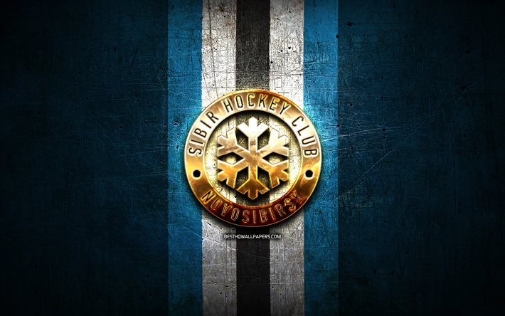 HC Sibir, kultainen logo, KHL, blue metal -tausta, Ven&#228;j&#228;n j&#228;&#228;kiekkojoukkue, Kontinental Hockey League, Sibir Novosibirskin logo, j&#228;&#228;kiekko, Sibir Novosibirsk