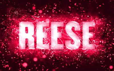 Happy Birthday Reese, 4k, pink neon lights, Reese name, creative, Hazel Happy Birthday, Reese Birthday, popular american female names, picture with Reese name, Reese