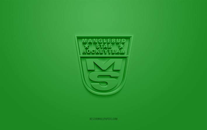 مانجلرود ستار يشوكي, شعار 3D الإبداعية, خلفية خضراء, 3d شعار, نادي الهوكي النرويجي, إليتسيرين, أوسلو, النرويج, فن ثلاثي الأبعاد, الهوكي, مانجلرود ستار إيشوكي شعار 3D