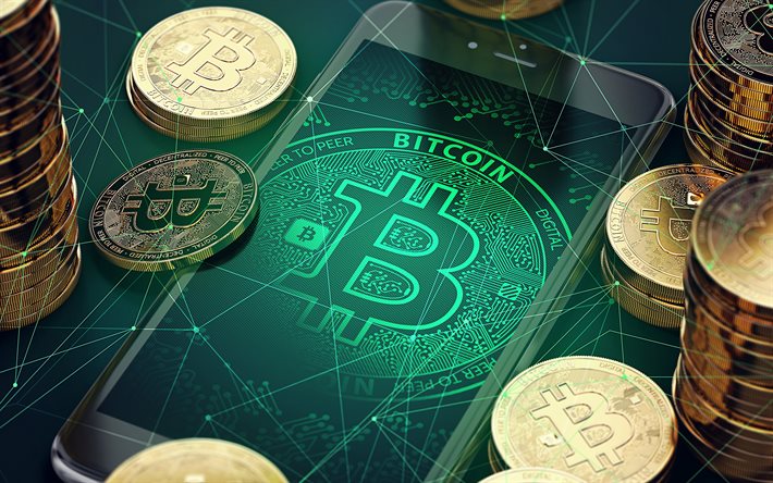 Bitcoin digital logotyp, 4k, kryptovaluta, 3D gyllene mynt, smartphone, kryptovalutor, kreativ, kryptovaluta tecken, Bitcoin