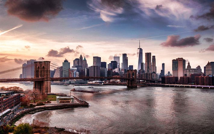 New York, Manhattan, World Trade Center 1, Brooklyn Bridge, kv&#228;ll, solnedg&#229;ng, Manhattan skyline, New York skyline, USA
