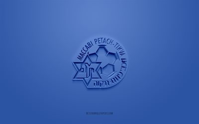 Maccabi Petah Tikva FC, creative 3D logo, blue background, 3d emblem, Israeli football club, Israeli Premier League, Petah Tikva, Israel, 3d art, football, Maccabi Petah Tikva 3d logo