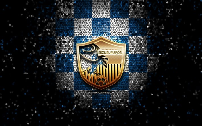 Erzurumspor FC, glitter logotyp, 1 Lig, bl&#229; vit rutig bakgrund, fotboll, turkisk fotbollsklubb, Erzurumspor logotyp, mosaik konst, TFF First League, BB Erzurumspor