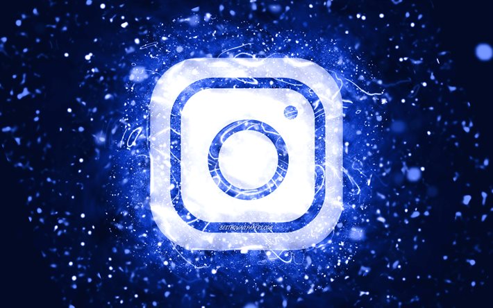 Instagram koyu mavi logo, 4k, koyu mavi neon ışıklar, yaratıcı, koyu mavi soyut arka plan, Instagram logosu, sosyal ağ, Instagram