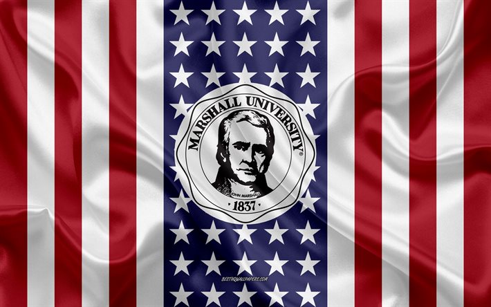Marshall &#220;niversitesi Amblemi, Amerikan Bayrağı, Marshall &#220;niversitesi logosu, Harrisonburg, Huntington, Batı Virginia, ABD, Marshall &#220;niversitesi