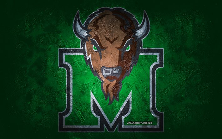 Marshall Thundering Herd, Amerikan futbol takımı, yeşil arka plan, Marshall Thundering Herd logosu, grunge art, NCAA, Amerikan futbolu, ABD, Marshall Thundering S&#252;r&#252; amblemi