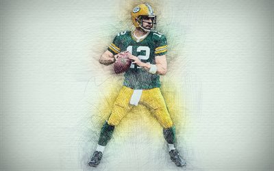 Aaron Rodgers, 4k, kuvitus, amerikkalainen jalkapallo, Green Bay Packers, NFL, pelinrakentaja, piirustus Aaron Rodgers