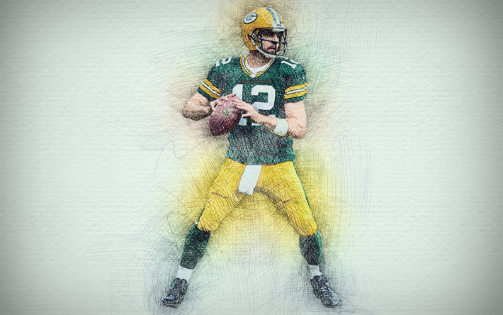 Aaron Rodgers, 4k, œuvres d&#39;art, de football am&#233;ricain, les Packers de Green Bay, la NFL, le quart-arri&#232;re, le dessin Aaron Rodgers