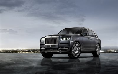 Rolls-Royce Cullinan, parcheggio, parcheggio gratuito, 4k, 2018 auto, grigio Cullinan, Suv, Rolls-Royce, auto di lusso