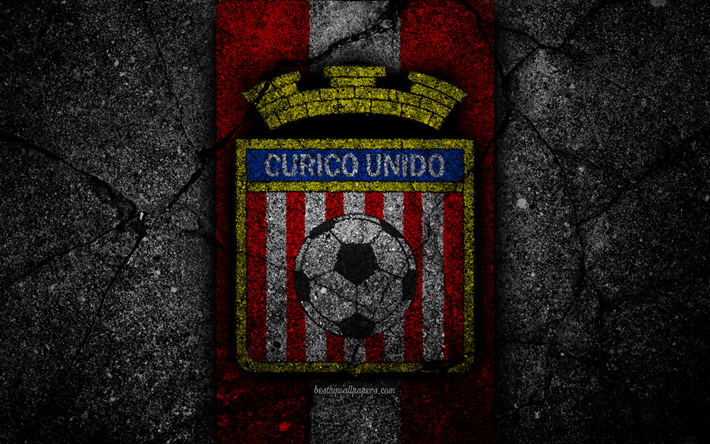4k, Curico Unido FC, emblem, Chilean Primera Division, soccer, black stone, football club, Chile, Curico Unido, logo, asphalt texture, FC Curico Unido