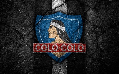4k, Colo Colo FC, emblem, Chilean Primera Division, soccer, black stone, football club, Chile, Colo Colo, logo, asphalt texture, FC Colo Colo