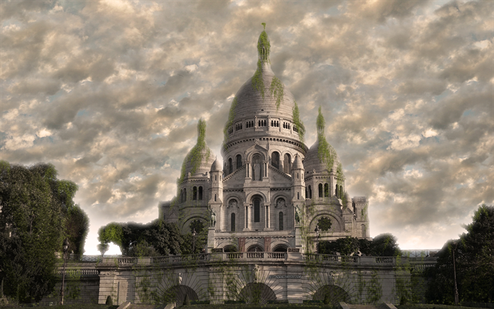 كنيسة القلب المقدس في باريس, 4k, نهاية العالم, الخيال, الفن, العالم بعد الناس, باريس, فرنسا, عمل فني