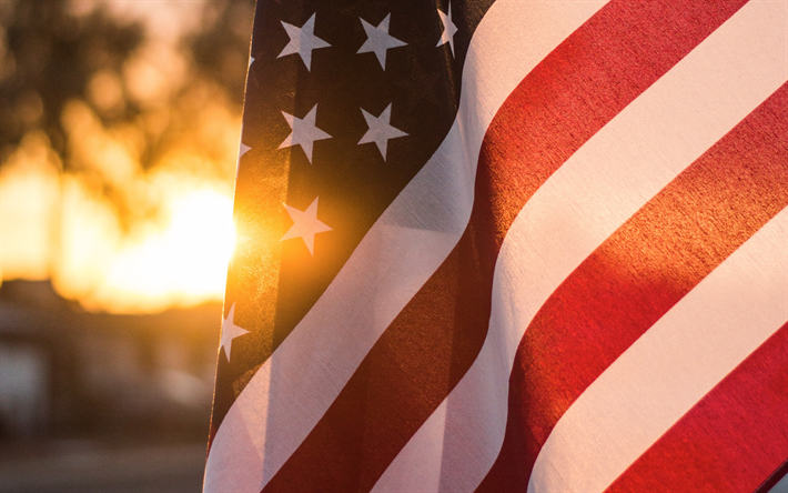 Flag of America, 4k, close-up, 4 luglio, bandiera Americana, NOI il Giorno dell&#39;Indipendenza, simboli nazionali, luce solare, bandiera degli stati UNITI, bandiera degli Stati Uniti, USA