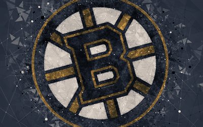 Les Bruins de Boston, 4k, Am&#233;ricaine de hockey club, art cr&#233;atif, le logo, l&#39;embl&#232;me LNH, art g&#233;om&#233;trique, gris abstrait arri&#232;re-plan, le hockey, Boston, Massachusetts, etats-unis, la Ligue Nationale de Hockey