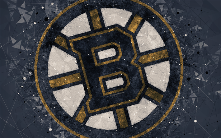 Boston Bruins, 4k, Amerikan hokey kul&#252;b&#252;, yaratıcı sanat, logo, amblem, NHL, geometrik sanat, soyut gri arka plan, hokey, Boston, Massachusetts, ABD Ulusal Hokey Ligi