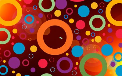 multicolored abstraction, red background, multicolored circles, rings