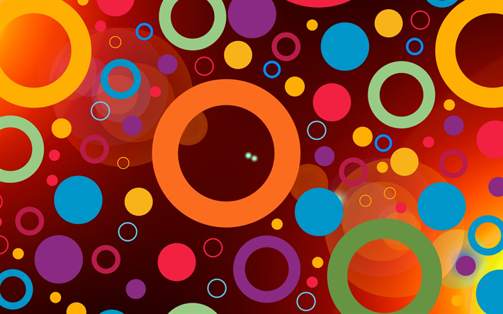 multicolore astrazione, sfondo rosso, multicolore cerchi, anelli