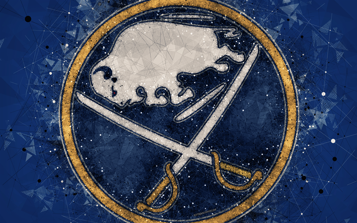 Buffalo Sabres, 4k, American hockey club, kreativ konst, logotyp, emblem, NHL, geometriska art, bl&#229; abstrakt bakgrund, hockey, Buffalo, New York, USA, National Hockey League