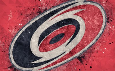 Carolina Hurricanes, 4k, American hockey club, creative art, logo, emblem, NHL, geometric art, red abstract background, hockey, Raleigh, North Carolina, USA, National Hockey League