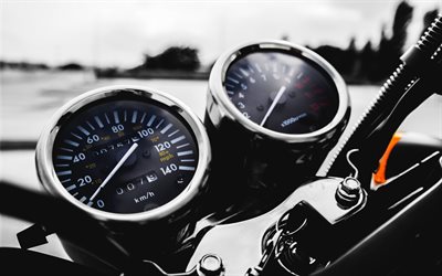 motorcycle steering, speedometer, dashboard, tachometer, bokeh, blur, motorcycle riding concepts