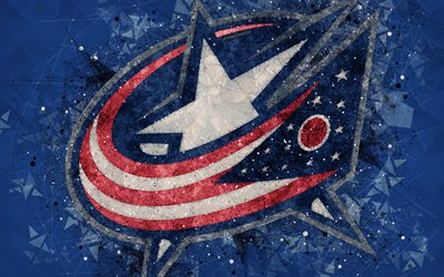 Columbus Blue Jackets, 4k, de la American hockey club, arte creativo, logotipo, emblema, NHL, el arte geom&#233;trico, azul de fondo abstracto, de hockey, de Columbus, Ohio, estados UNIDOS, Liga Nacional de Hockey