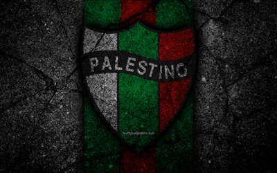 4k, Palestino FC, emblem, Chilean Primera Division, soccer, black stone, football club, Chile, Palestino, logo, asphalt texture, FC Palestino