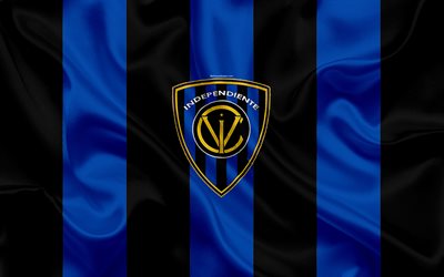 CSD Independiente del Valle, 4k, Ecuadorian football club, silk texture, logo, blue black flag, emblem, Ecuadorian Serie A, Sangolki, Ecuador, football, Primera A