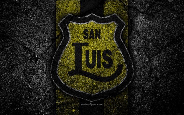 4k, San Luis FC, emblem, Chilean Primera Division, soccer, black stone, football club, Chile, San Luis, logo, asphalt texture, FC San Luis