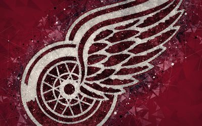 Detroit Red Wings, 4k, American hockey club, creative art, logo, emblem, NHL, geometric art, red abstract background, hockey, Detroit, Michigan, USA, National Hockey League